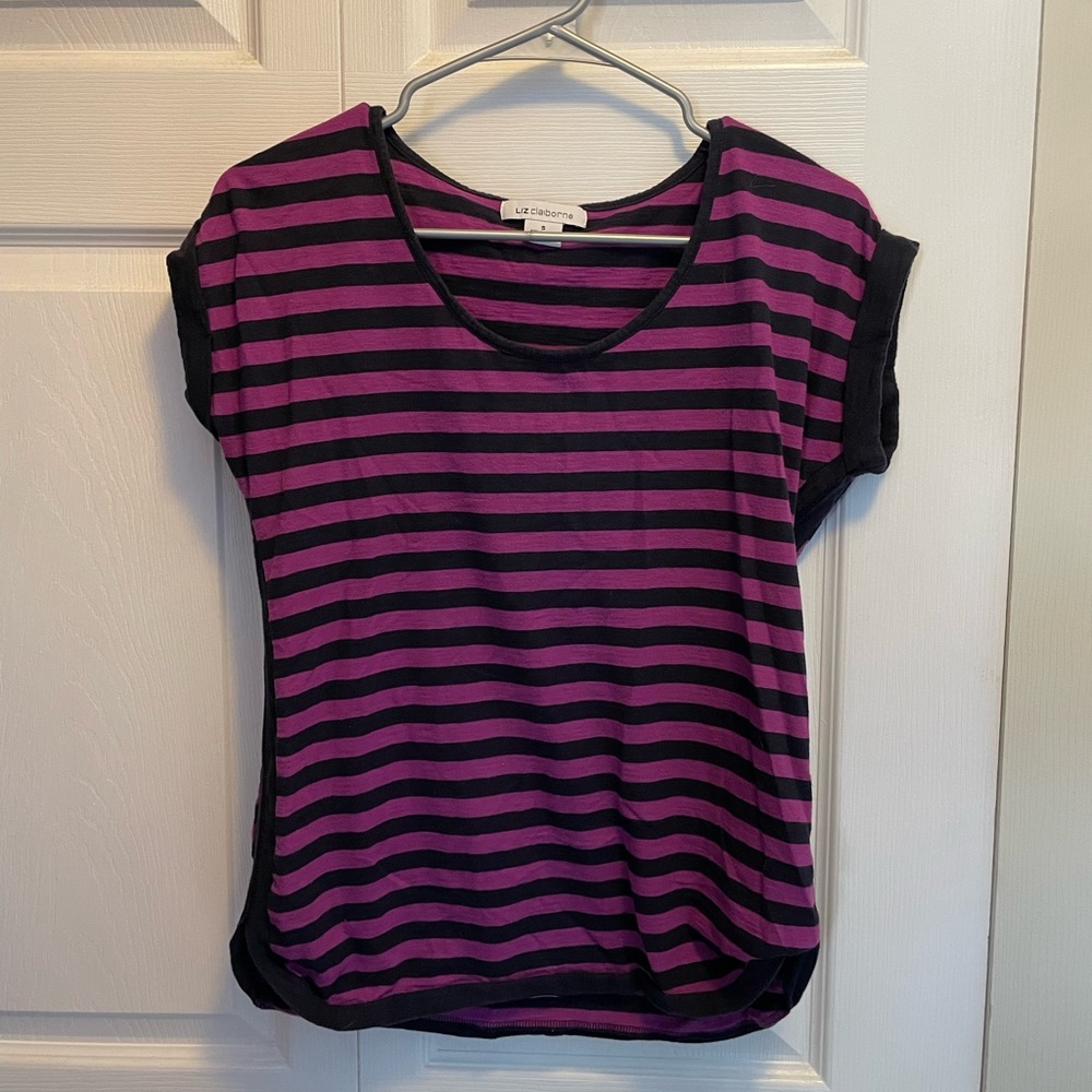 Purple and Macy blue striped shirt. Circular bottom cut